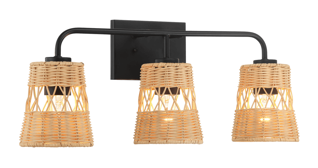 Moonlit Three Lights Wall Sconce With Rattan Shade, Bathroom Lighting Fixtures Over Mirror