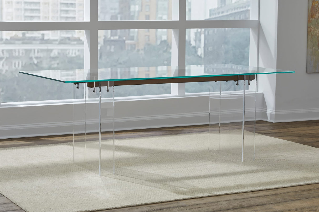 Moorea Clear/Glass/Bronze Double Pedestal Rectangular Dining Table by Modus Furniture at Eve Furniture