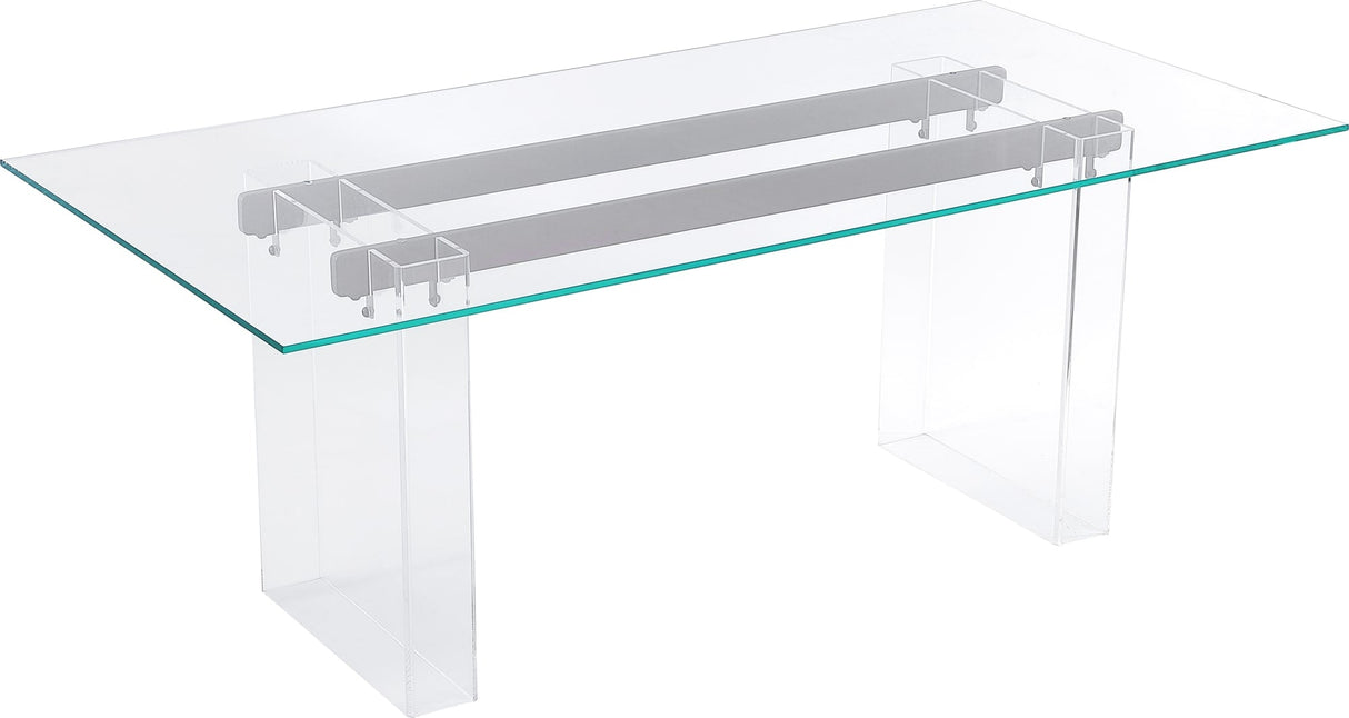 Moorea Clear/Glass/Bronze Double Pedestal Rectangular Dining Table by Modus Furniture at Eve Furniture