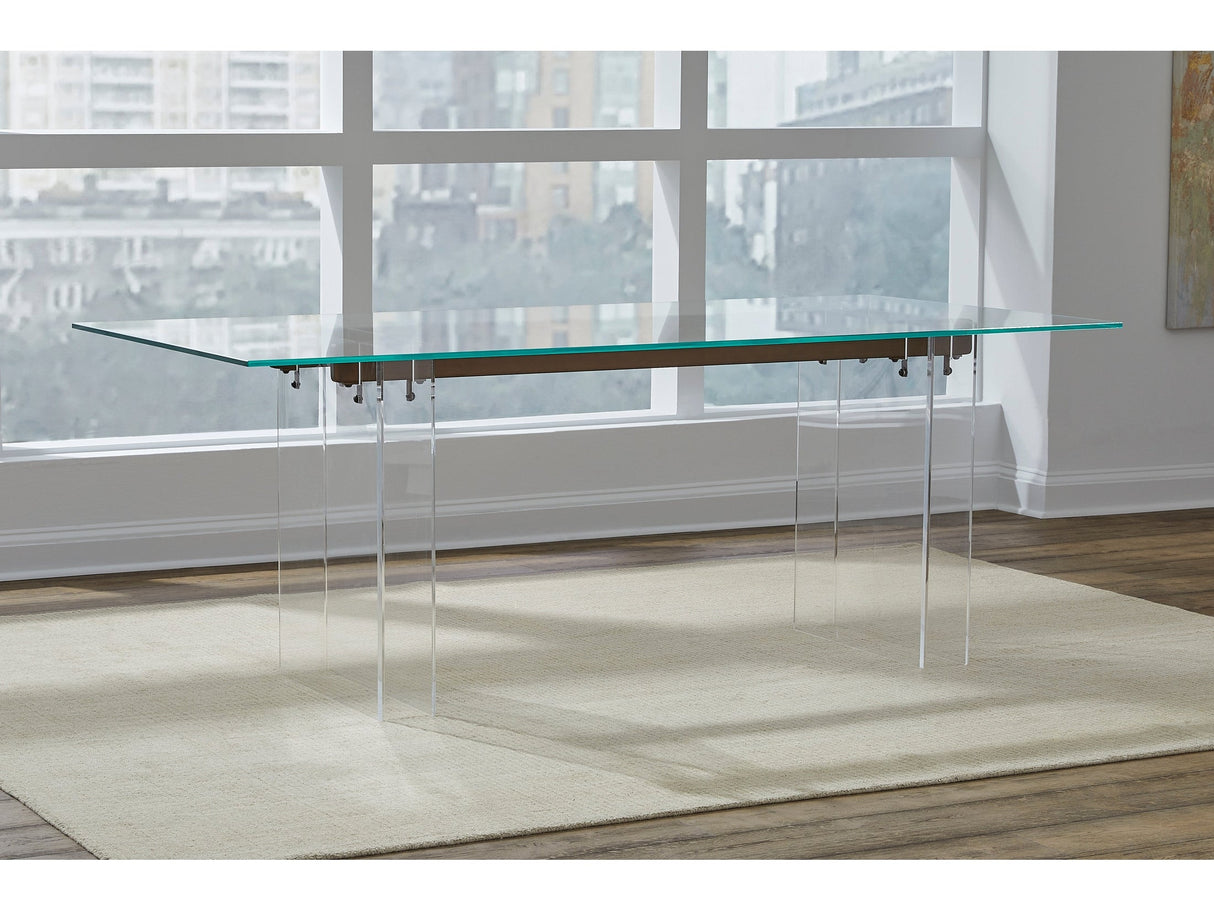 Moorea Clear/Glass/Bronze Double Pedestal Rectangular Dining Table by Modus Furniture at Eve Furniture