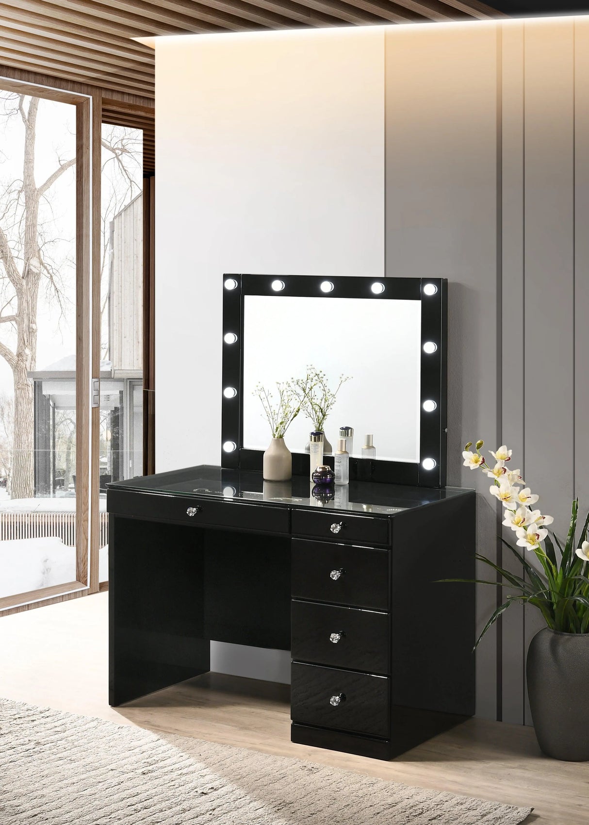 Morgan Black Makeup Vanity Set with Lighted Mirror by Crown Mark at Eve Furniture