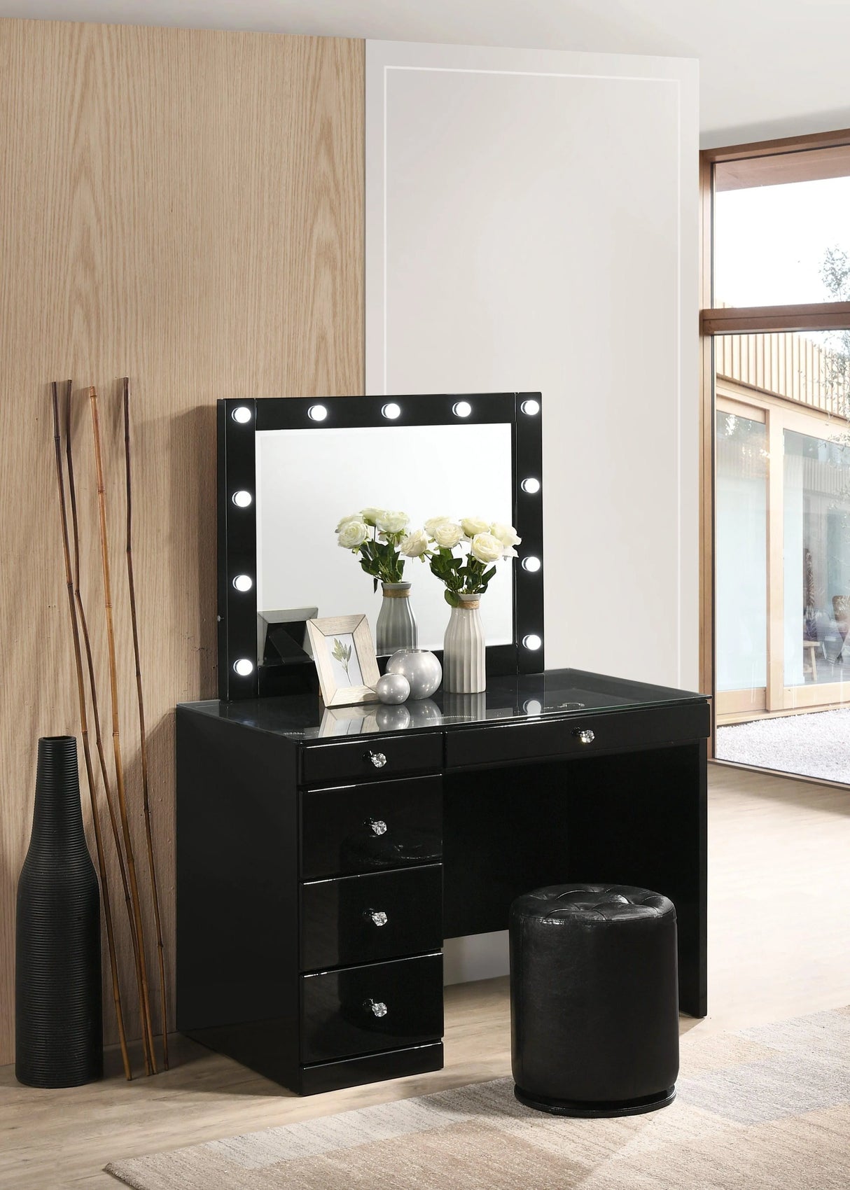 Morgan Black Makeup Vanity Set with Lighted Mirror by Crown Mark at Eve Furniture