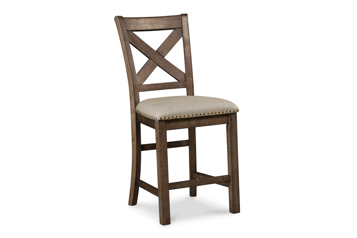 Moriville Grayish Brown Counter Height Dining Table and 4 Barstools by Ashley at Eve Furniture