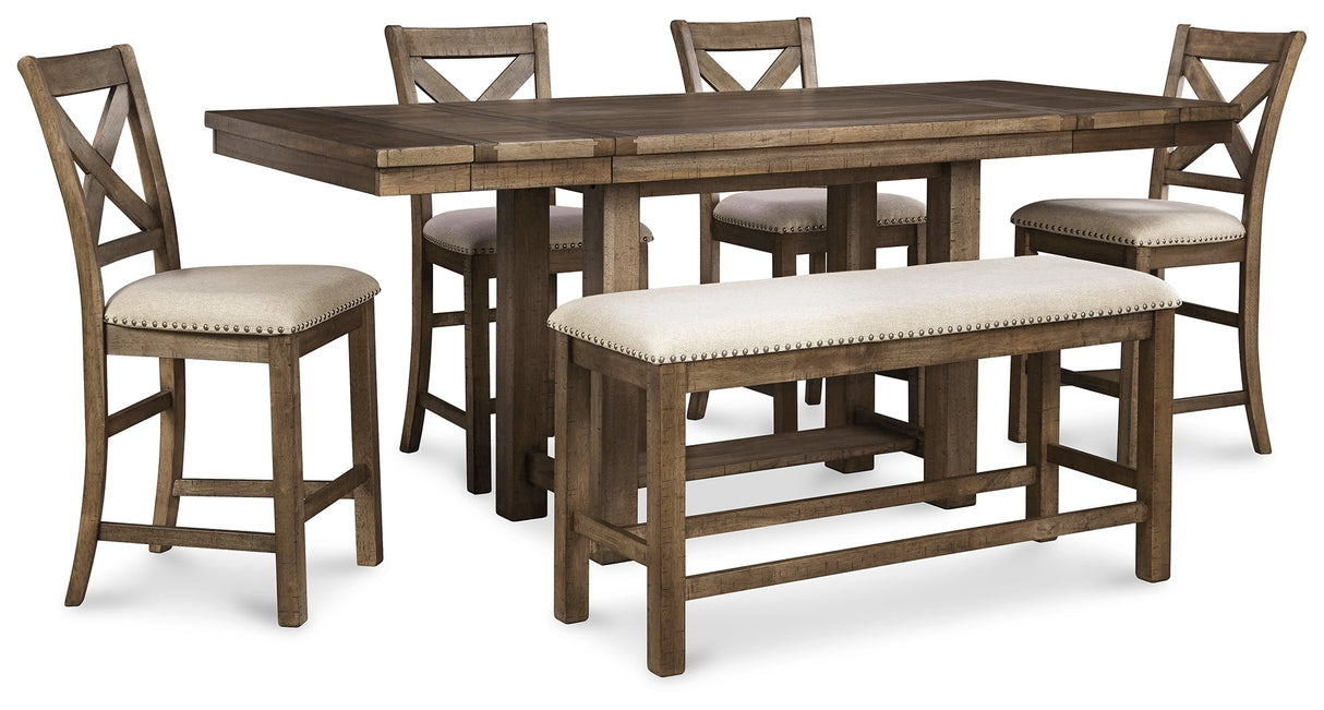 Moriville Grayish Brown Counter Height Dining Table with 4 Barstools and Bench by Ashley at Eve Furniture