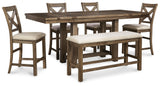 Moriville Grayish Brown Counter Height Dining Table with 4 Barstools and Bench by Ashley at Eve Furniture