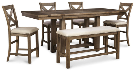 Moriville Grayish Brown Counter Height Dining Table with 4 Barstools and Bench by Ashley at Eve Furniture