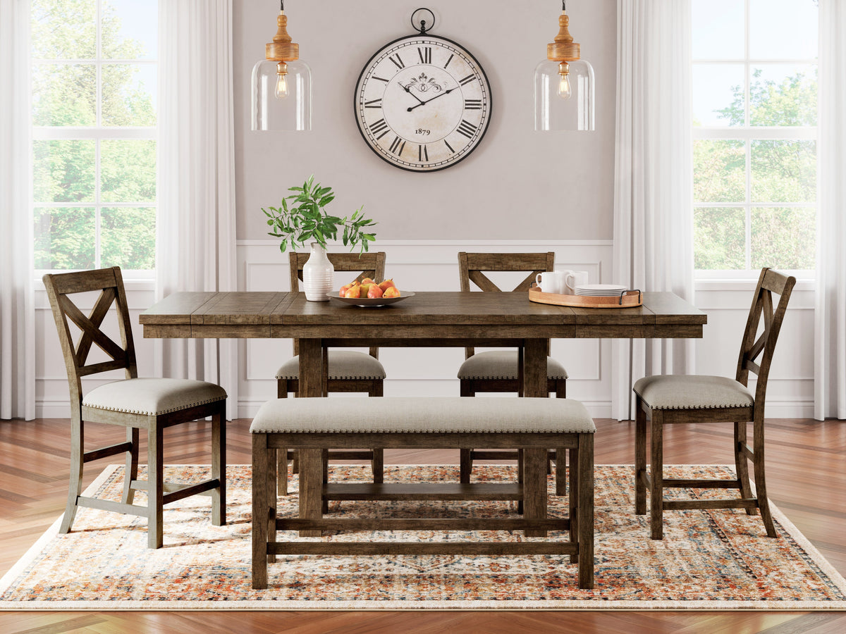 Moriville Grayish Brown Counter Height Dining Table with 4 Barstools and Bench by Ashley at Eve Furniture