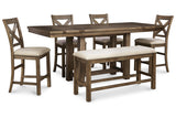 Moriville Grayish Brown Counter Height Dining Table with 4 Barstools and Bench by Ashley at Eve Furniture