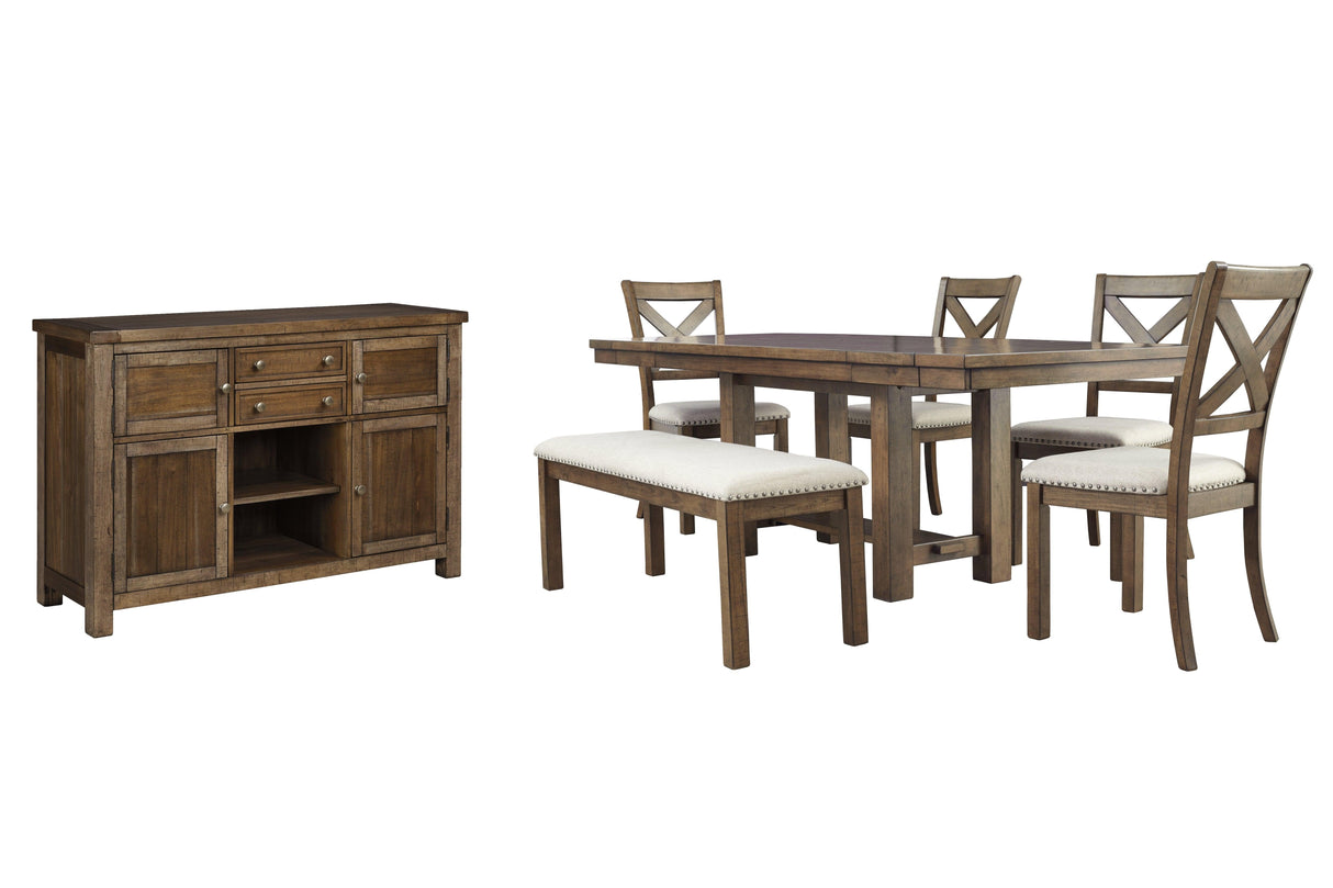 Moriville Grayish Brown Dining Table and 4 Chairs and Bench with Server by Ashley at Eve Furniture