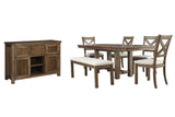 Moriville Grayish Brown Dining Table and 4 Chairs and Bench with Server by Ashley at Eve Furniture