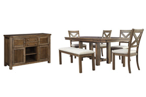 Moriville Grayish Brown Dining Table and 4 Chairs and Bench with Server by Ashley at Eve Furniture