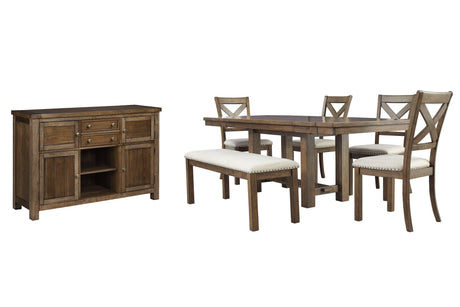 Moriville Grayish Brown Dining Table and 4 Chairs and Bench with Server by Ashley at Eve Furniture