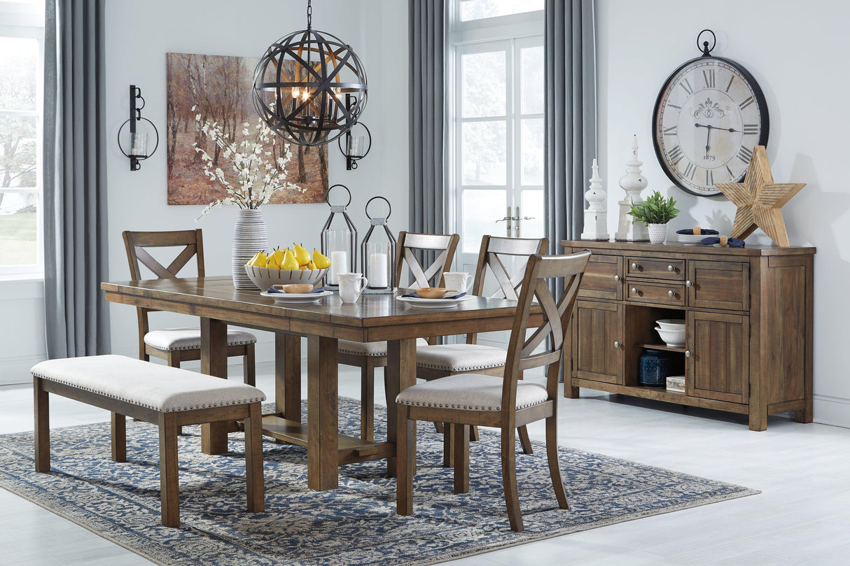 Moriville Grayish Brown Dining Table and 4 Chairs and Bench with Server by Ashley at Eve Furniture
