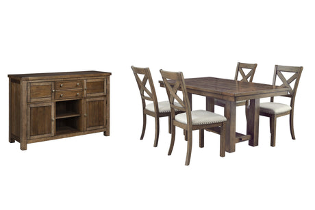 Moriville Grayish Brown Dining Table and 4 Chairs with Server by Ashley at Eve Furniture