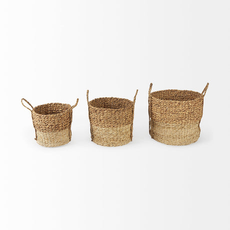 Morocco (Set of 3) Brown Two Tone Water Hyacinth and Cornhusk Round Basket W/ Handles by Mercana at Eve Furniture