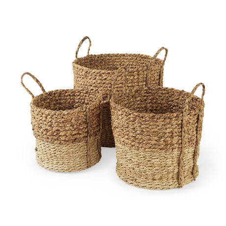 Morocco (Set of 3) Brown Two Tone Water Hyacinth and Cornhusk Round Basket W/ Handles by Mercana at Eve Furniture