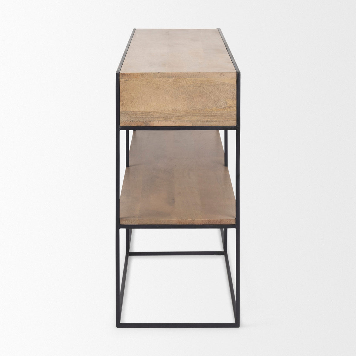 Morris 63.0L x 15.0W x 31.0H Beige Wood w/ Black Metal Frame 2 Drawer Console Table by Mercana at Eve Furniture