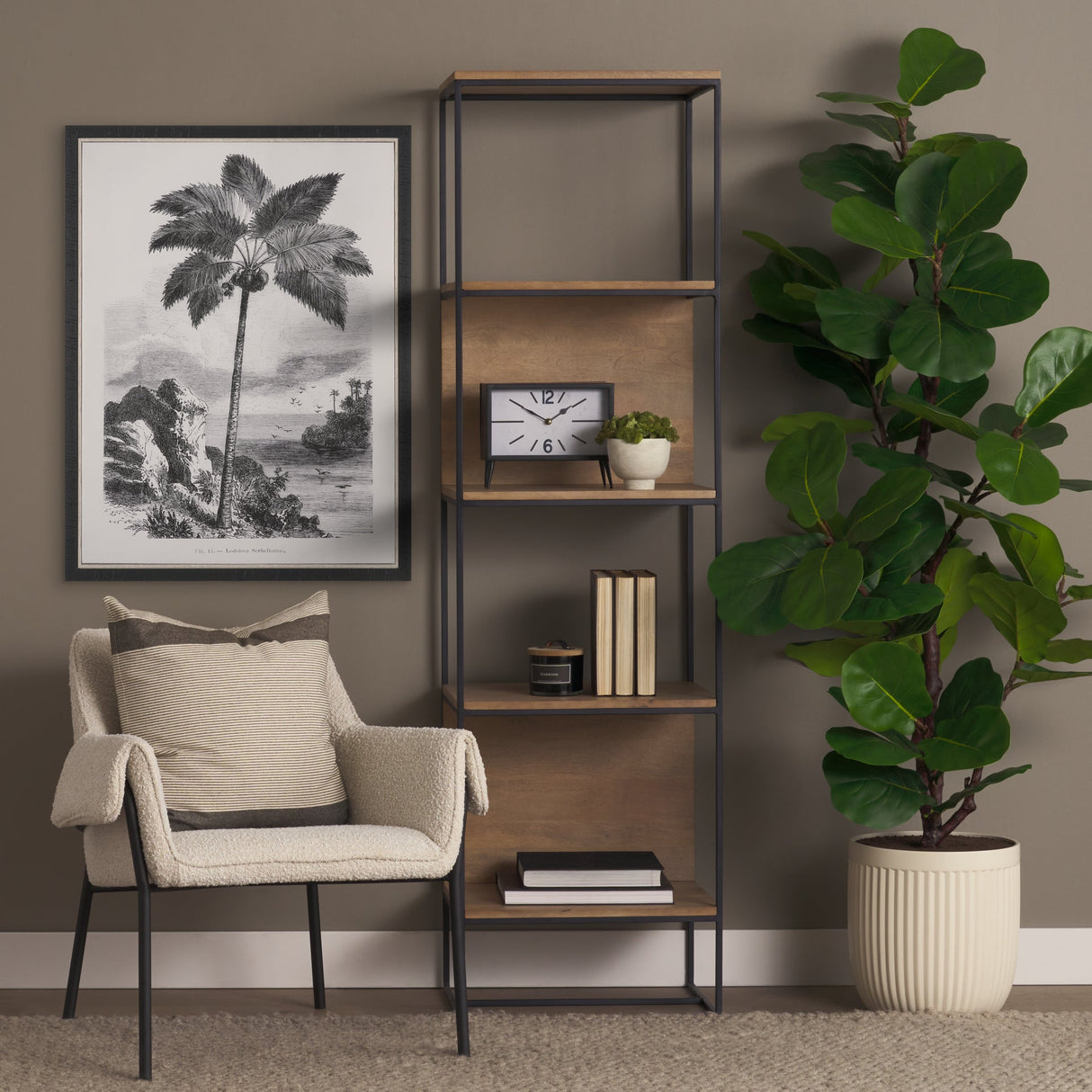 Morris Beige Wood W/Black Metal Frame 4-Tier Shelving Unit by Mercana at Eve Furniture