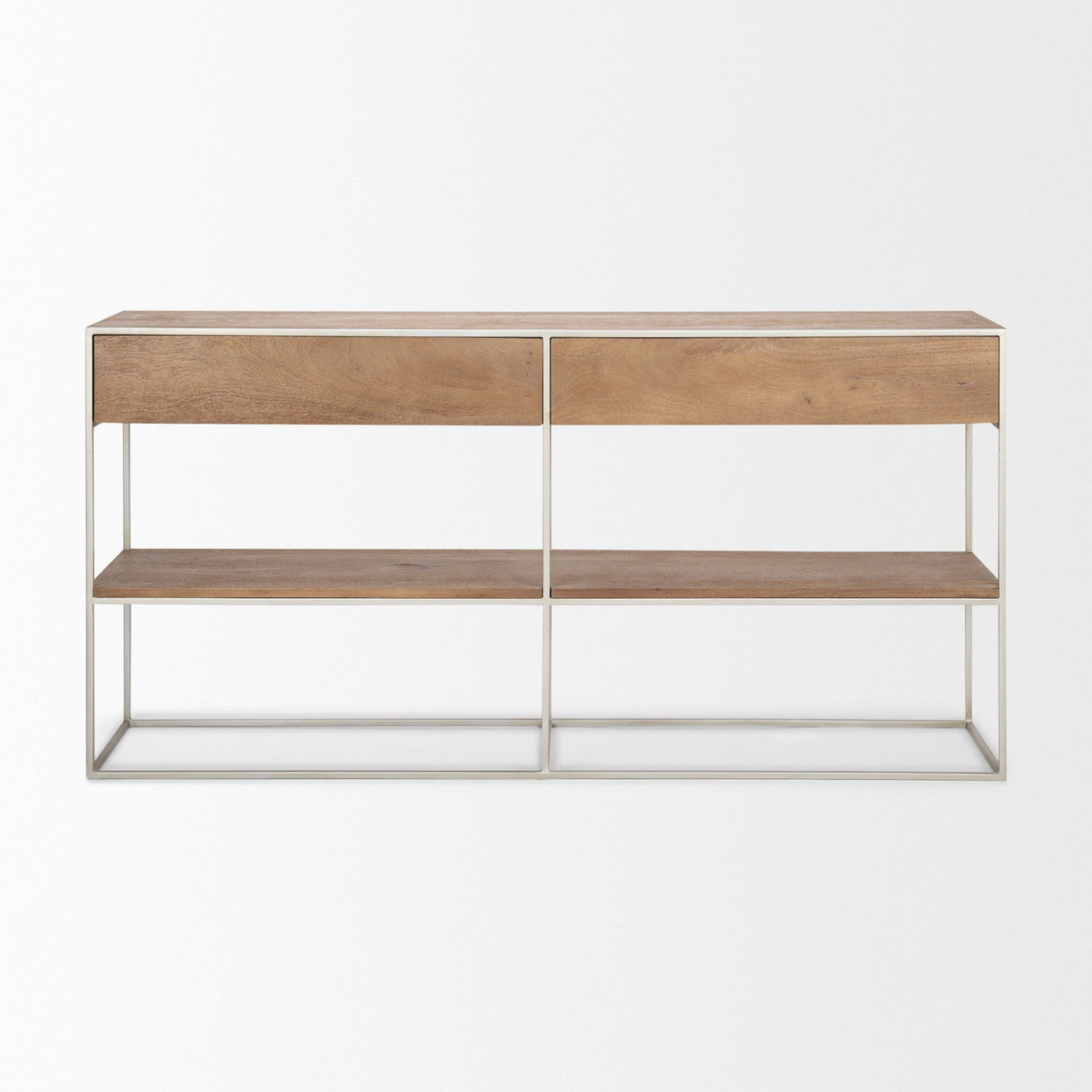 Morris I 63L x 15W x 31H Brown Wood w/ Silver Metal Frame 2 Drawer Console Table by Mercana at Eve Furniture