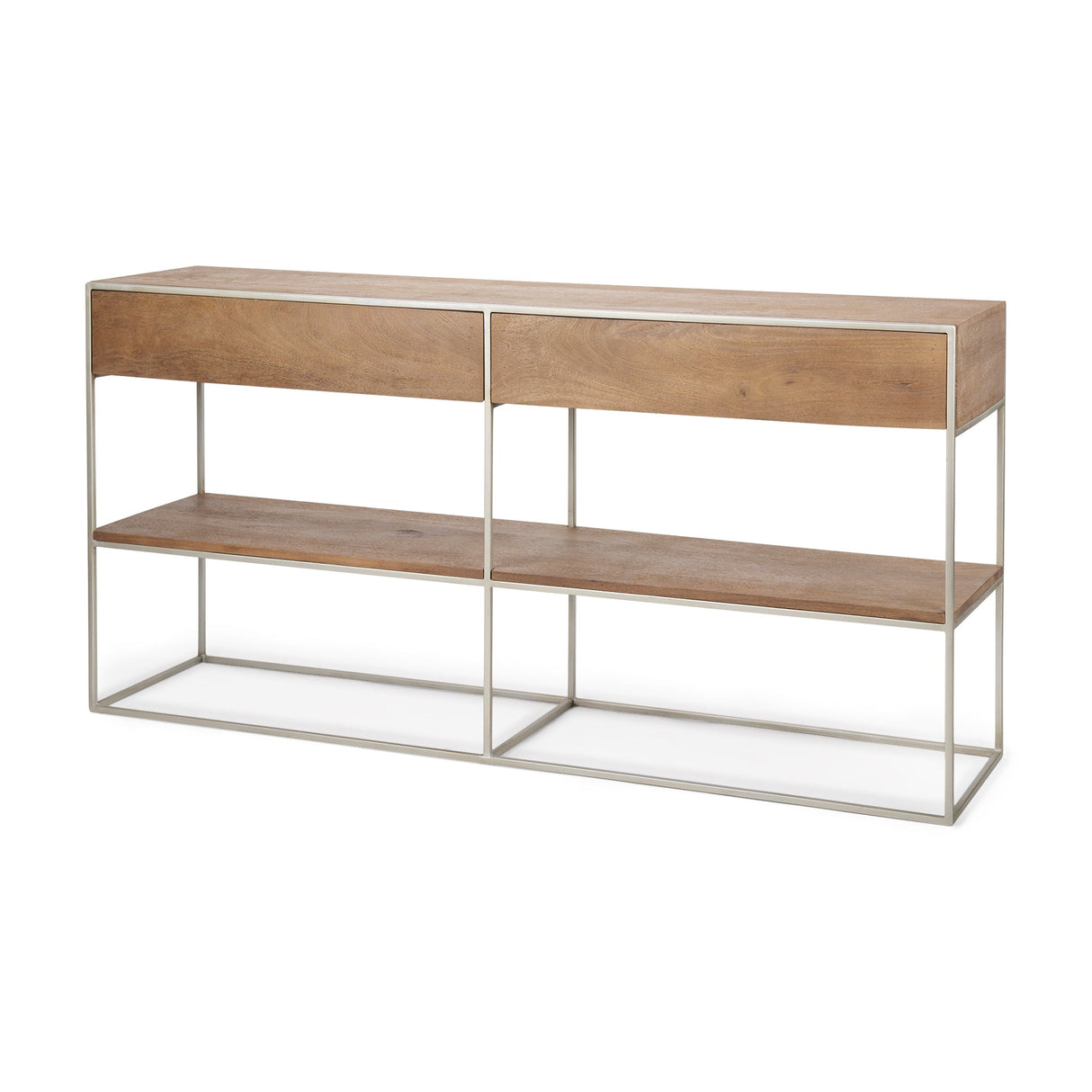 Morris I 63L x 15W x 31H Brown Wood w/ Silver Metal Frame 2 Drawer Console Table by Mercana at Eve Furniture
