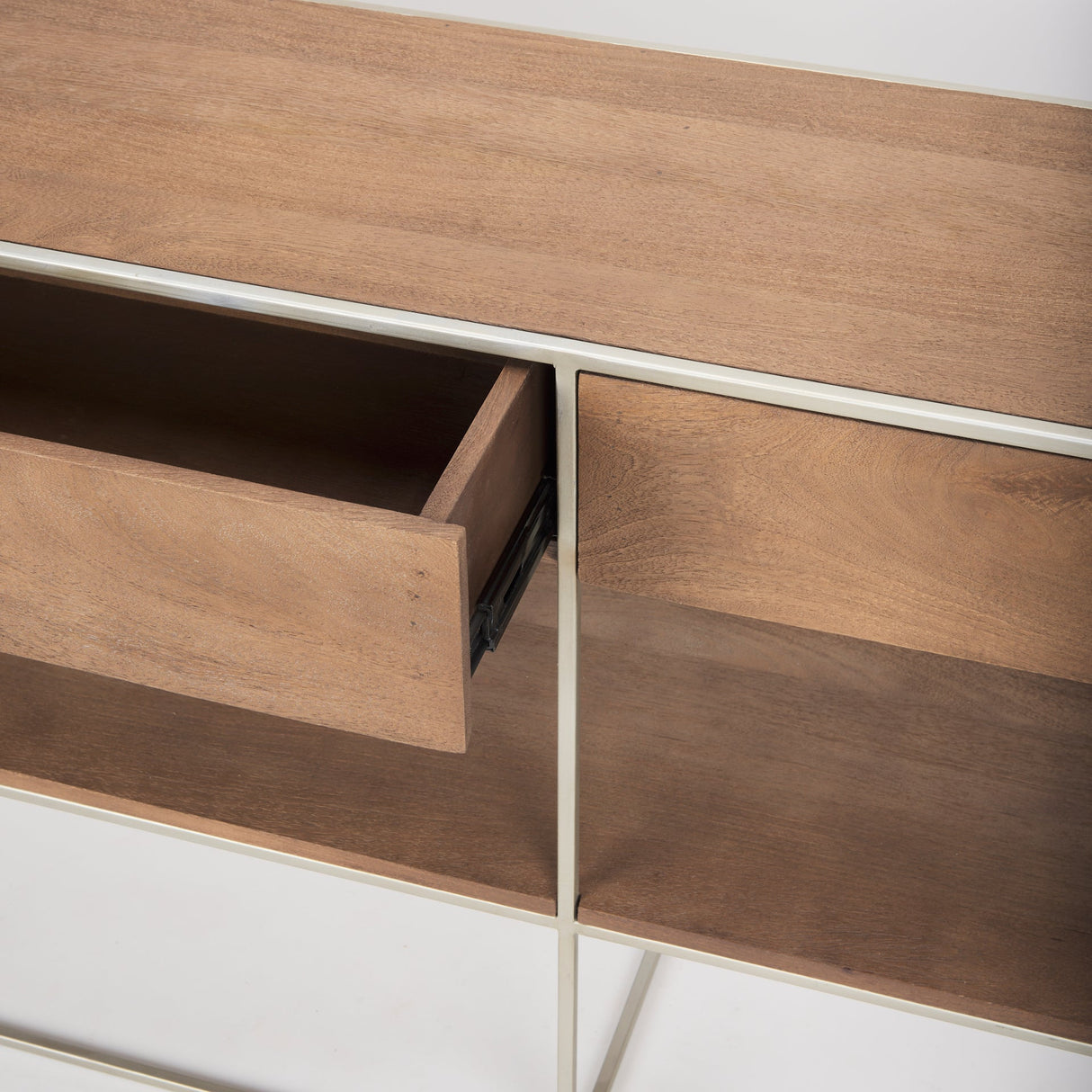 Morris I Brown Wood w/ Silver Metal Frame 2 Drawer Console Table by Mercana at Eve Furniture