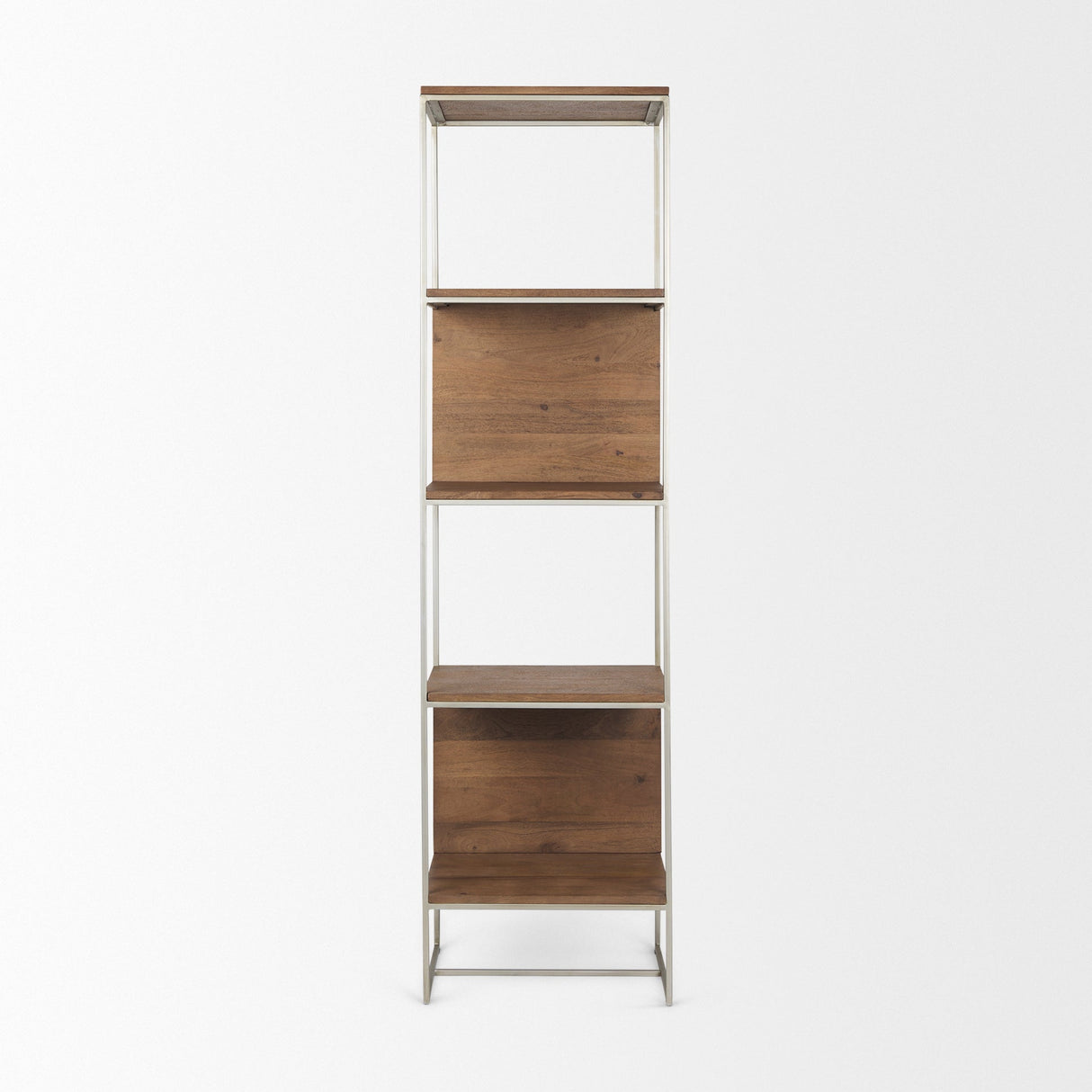 Morris II Brown Wood and Silver Metal Frame 4 Shelf Shelving Unit by Mercana at Eve Furniture