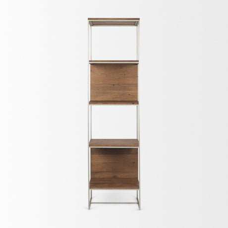 Morris II Brown Wood and Silver Metal Frame 4 Shelf Shelving Unit by Mercana at Eve Furniture