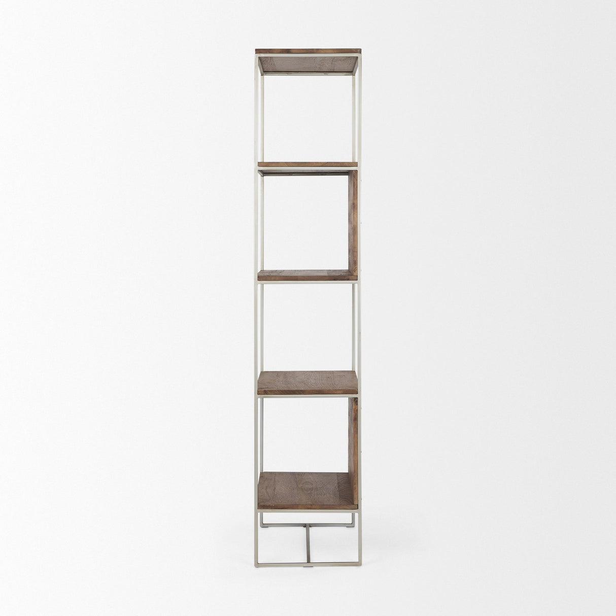 Morris II Brown Wood and Silver Metal Frame 4 Shelf Shelving Unit by Mercana at Eve Furniture