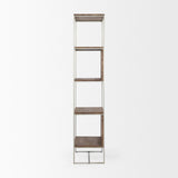 Morris II Brown Wood and Silver Metal Frame 4 Shelf Shelving Unit by Mercana at Eve Furniture