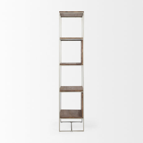 Morris II Brown Wood and Silver Metal Frame 4 Shelf Shelving Unit by Mercana at Eve Furniture