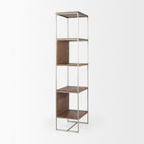 Morris II Brown Wood and Silver Metal Frame 4 Shelf Shelving Unit by Mercana at Eve Furniture