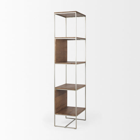 Morris II Brown Wood and Silver Metal Frame 4 Shelf Shelving Unit by Mercana at Eve Furniture