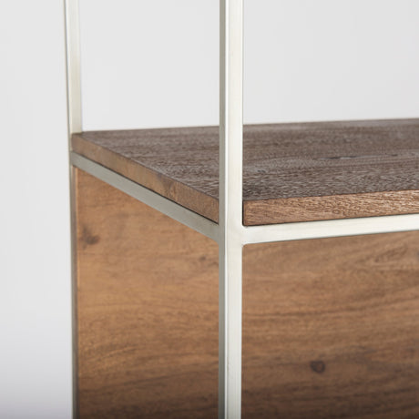 Morris II Brown Wood and Silver Metal Frame 4 Shelf Shelving Unit by Mercana at Eve Furniture