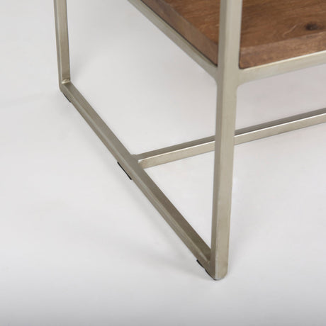 Morris II Brown Wood and Silver Metal Frame 4 Shelf Shelving Unit by Mercana at Eve Furniture