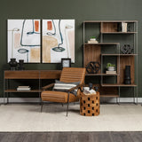 Morris III Brown Wood and Silver Metal Frame 6 Shelf Shelving Unit by Mercana at Eve Furniture
