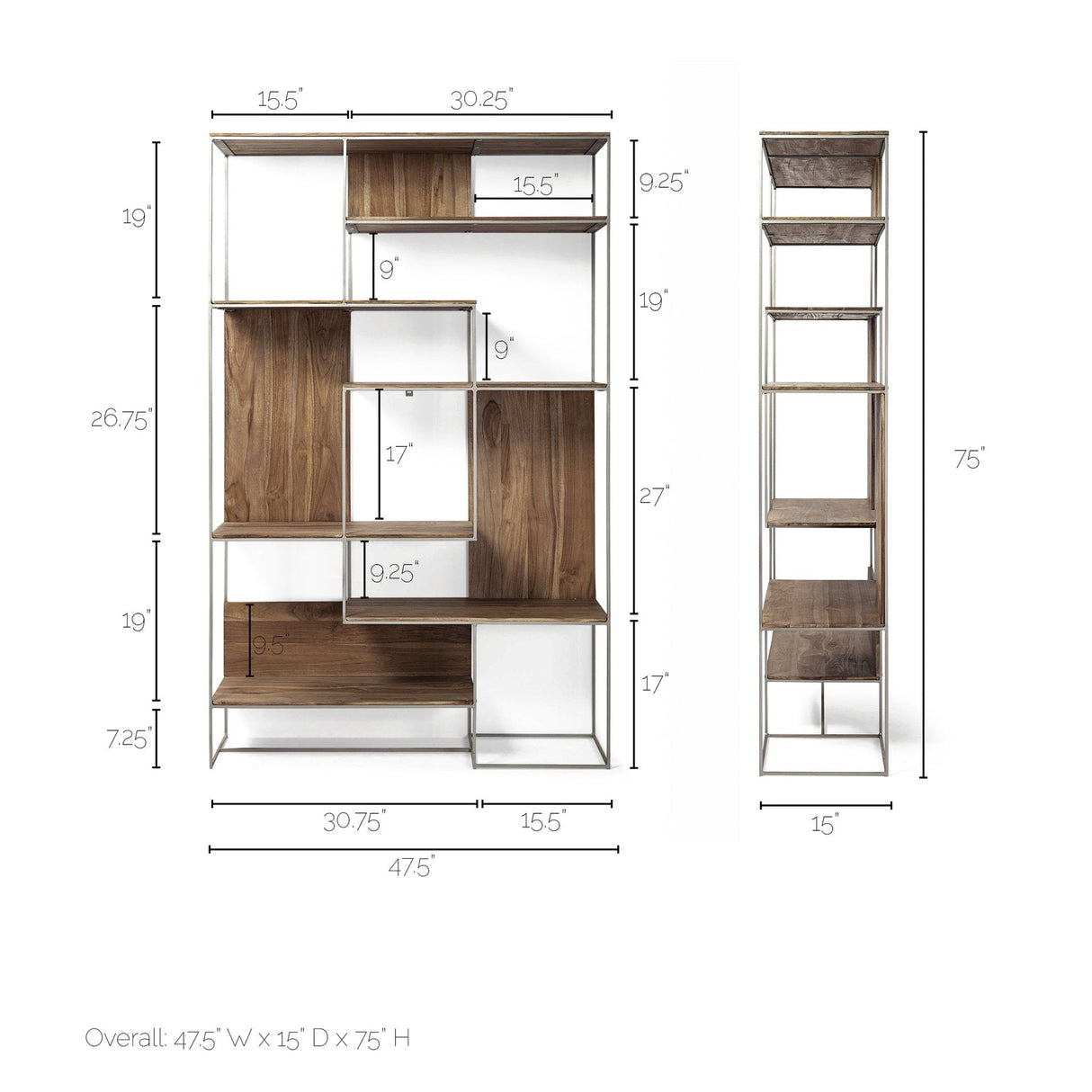 Morris III Brown Wood and Silver Metal Frame 6 Shelf Shelving Unit by Mercana at Eve Furniture