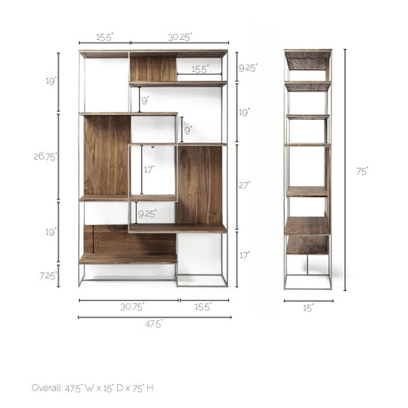 Morris III Brown Wood and Silver Metal Frame 6 Shelf Shelving Unit by Mercana at Eve Furniture