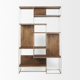 Morris III Brown Wood and Silver Metal Frame 6 Shelf Shelving Unit by Mercana at Eve Furniture
