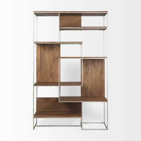 Morris III Brown Wood and Silver Metal Frame 6 Shelf Shelving Unit by Mercana at Eve Furniture