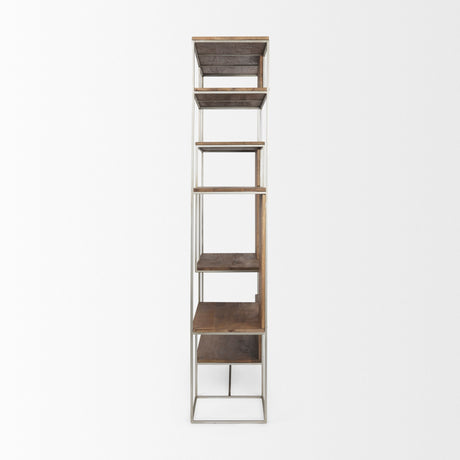Morris III Brown Wood and Silver Metal Frame 6 Shelf Shelving Unit by Mercana at Eve Furniture