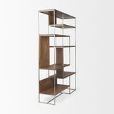 Morris III Brown Wood and Silver Metal Frame 6 Shelf Shelving Unit by Mercana at Eve Furniture