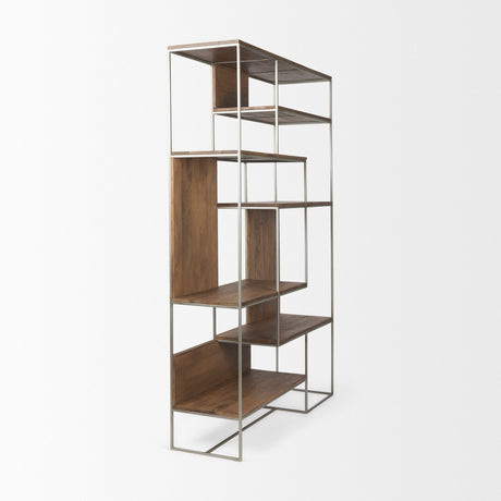 Morris III Brown Wood and Silver Metal Frame 6 Shelf Shelving Unit by Mercana at Eve Furniture