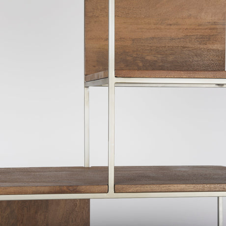Morris III Brown Wood and Silver Metal Frame 6 Shelf Shelving Unit by Mercana at Eve Furniture