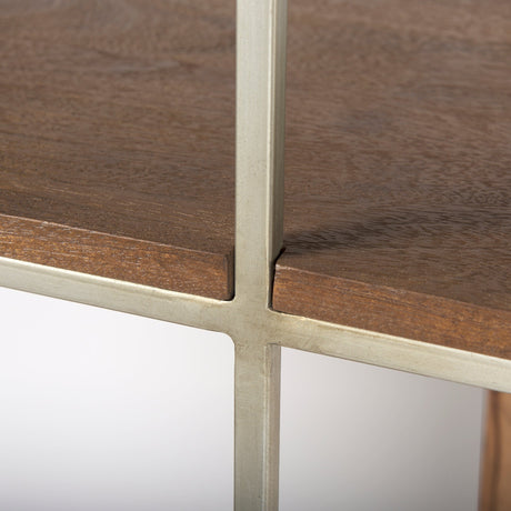 Morris III Brown Wood and Silver Metal Frame 6 Shelf Shelving Unit by Mercana at Eve Furniture