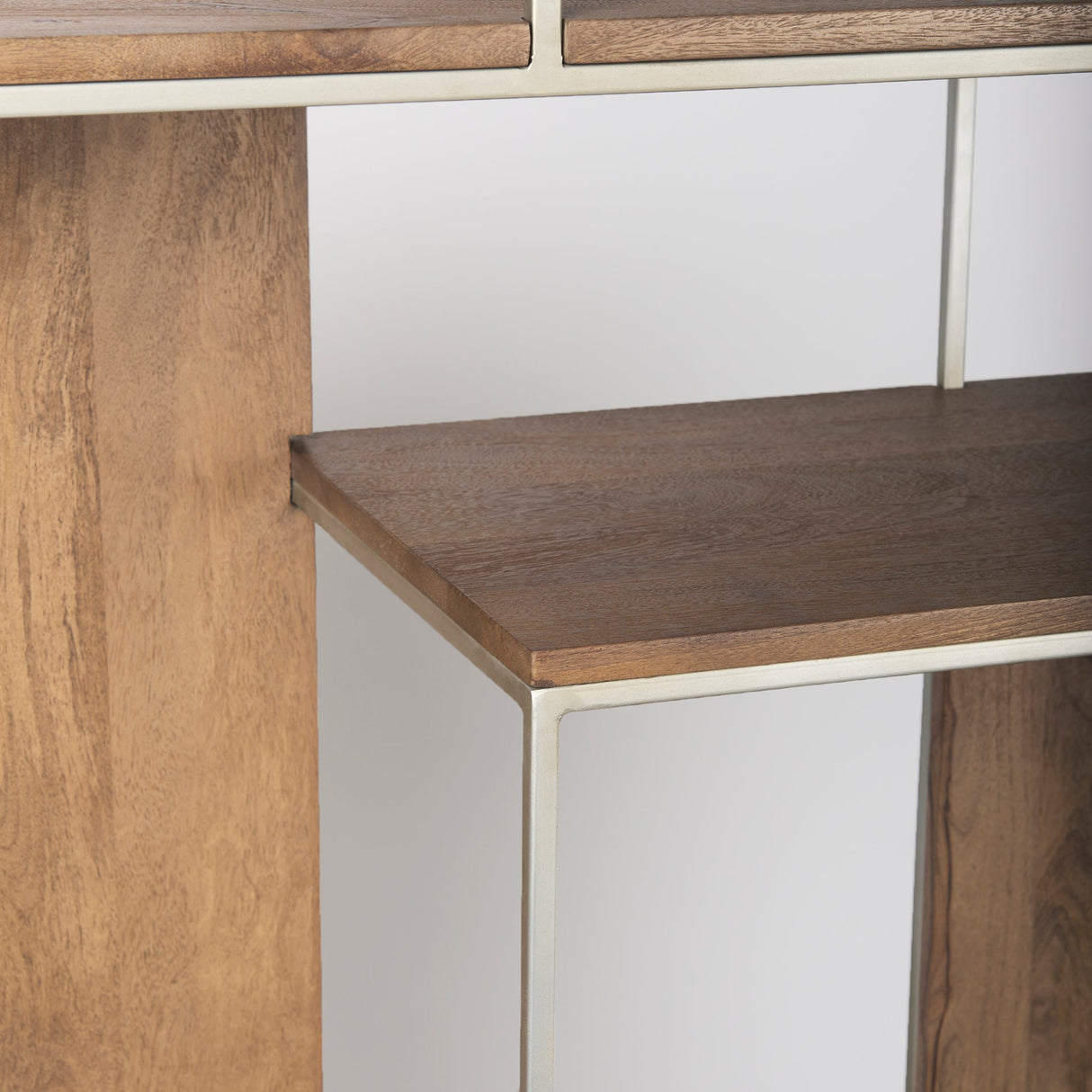 Morris III Brown Wood and Silver Metal Frame 6 Shelf Shelving Unit by Mercana at Eve Furniture