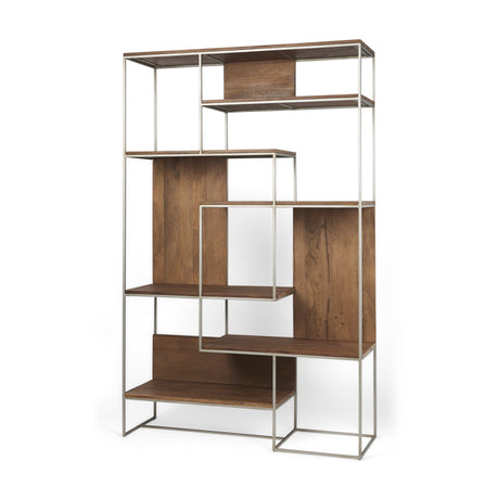 Morris III Brown Wood and Silver Metal Frame 6 Shelf Shelving Unit by Mercana at Eve Furniture
