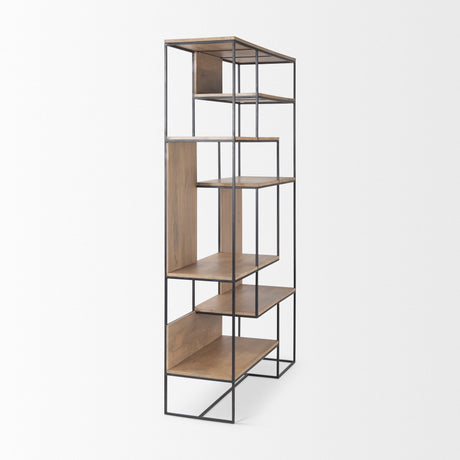 Morris Light Brown Wood w/ Black Metal Frame 6-Tier Shelving Unit by Mercana at Eve Furniture