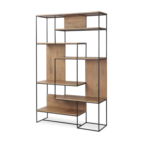 Morris Light Brown Wood w/ Black Metal Frame 6-Tier Shelving Unit by Mercana at Eve Furniture
