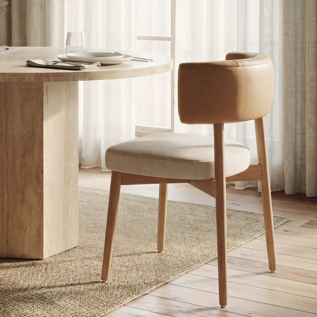 Motley Curved Open Back Cream Fabric and Tan Leather Dining Chair, Set of 2 by Mercana at Eve Furniture