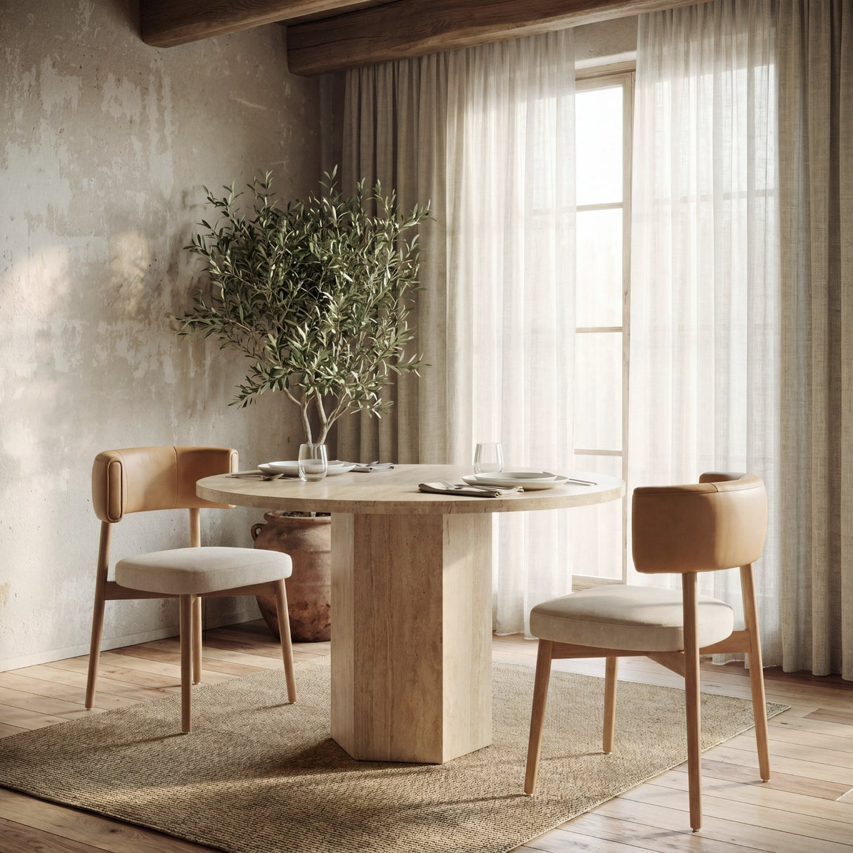 Motley Curved Open Back Cream Fabric and Tan Leather Dining Chair, Set of 2 by Mercana at Eve Furniture